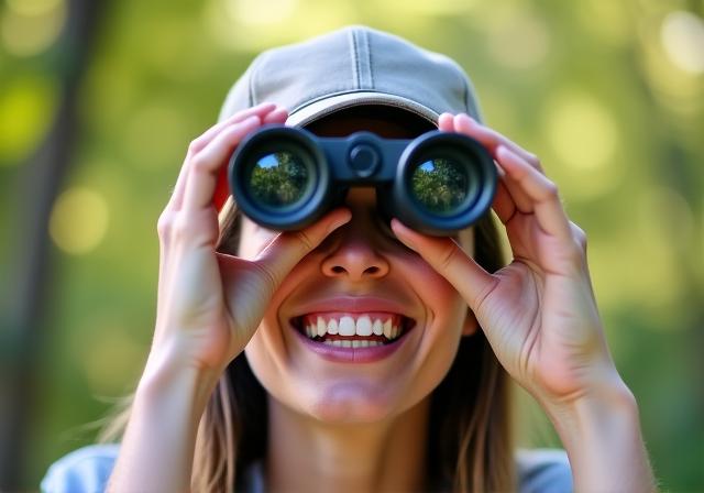 双眼鏡を覗きながら微笑む幸せそうな顧客